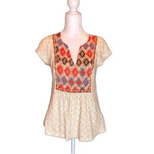 ANTHROPOLOGIE'S "Akemi + Kim" Tribal Embroidered Low Cut Tee-Shirt, Size XS